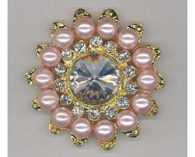 Button w/Rstones& pearls45mm Gold/clear/Pink