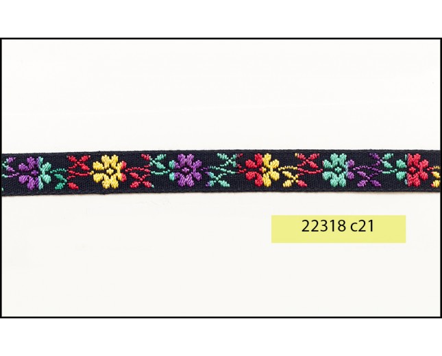 3/8'' Black with Turquoise, Red and Yellow Flower braid