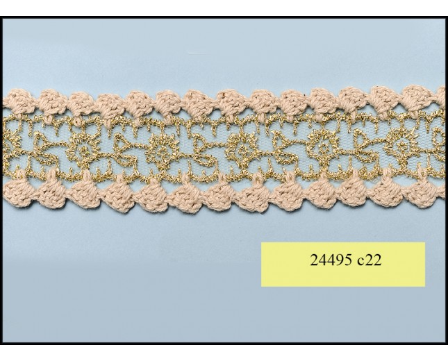 Metallic Gold Embroidered Mesh with Crochet Scallop Edges 1 1/5"