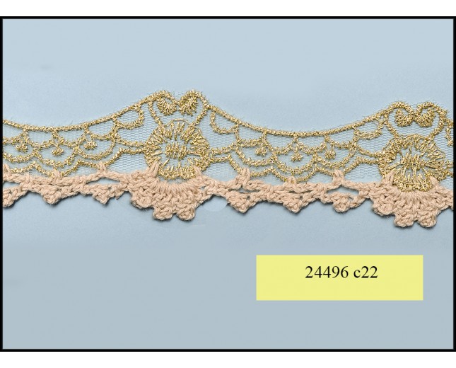 Metallic Gold Embroidered Scallop Mesh with Crochet Edges 1 5/8"