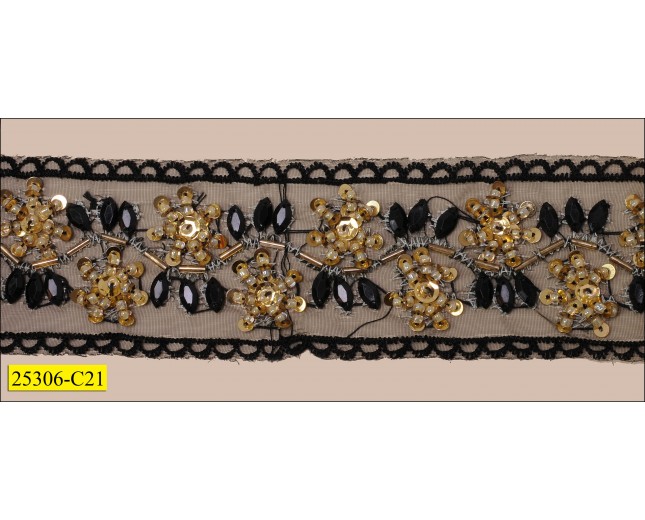 Beads  and Sequins on Scalloped Organza 2" Black and Light Gold