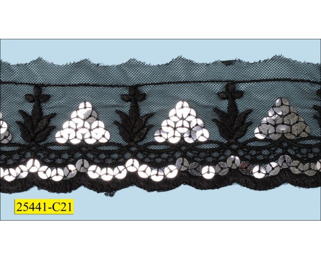 Sequin Embroidered On Black Scallopped Mesh 2 3/4" Silver