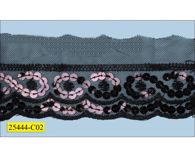 Sequin Embroidered On Black Mesh 2 1/4" Black