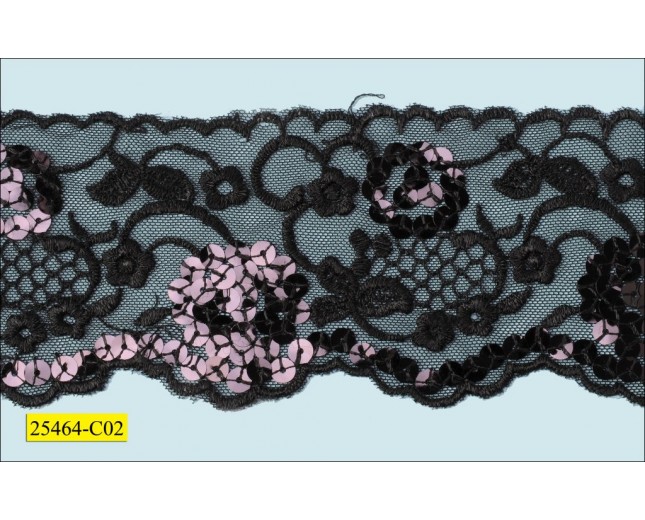 Sequins and embroidered Scalloped Mesh 2 3/4" Black