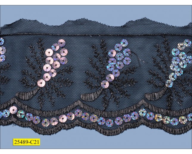 Sequin and Lurex embroidered Scallopped Mesh Lace 4" 