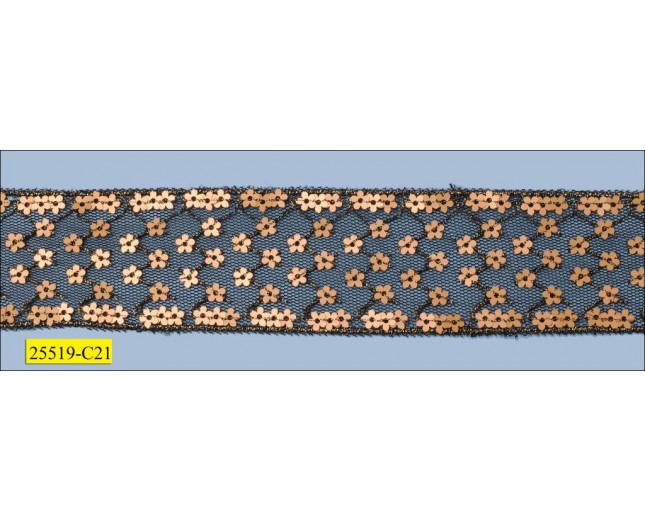 Sequin Daisy Floral On Black Mesh 1 7/16" Gold and Black