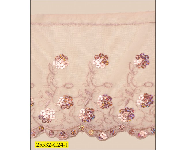 Sequins Embroidered 1 Side Scallopped Mesh 4 " Peach and Irredesent  