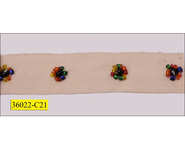 multicolor beaded flower design on 3/4" linen tape