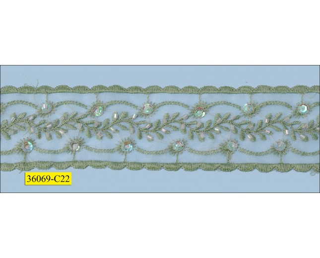 Embroidered Sequins and Beaded On White Organza Tape 1 3/4"