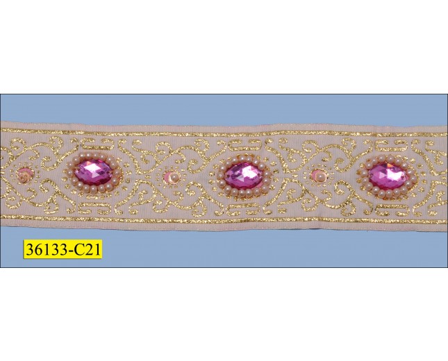 Bead and pearl with Stone Beige Tape with Gold Lurex1 1/2" Pink