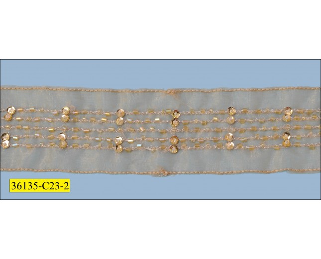 Beaded and Sequins Bugle 5 Rows Organza 1 3/8" with Sealed Edges Gold