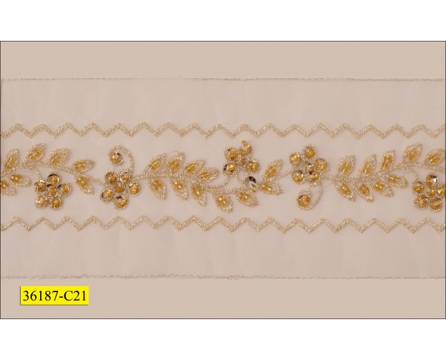 Beaded and Sequins Gold Lurex Embroidered 1 1/2" on White Organza Gold and White