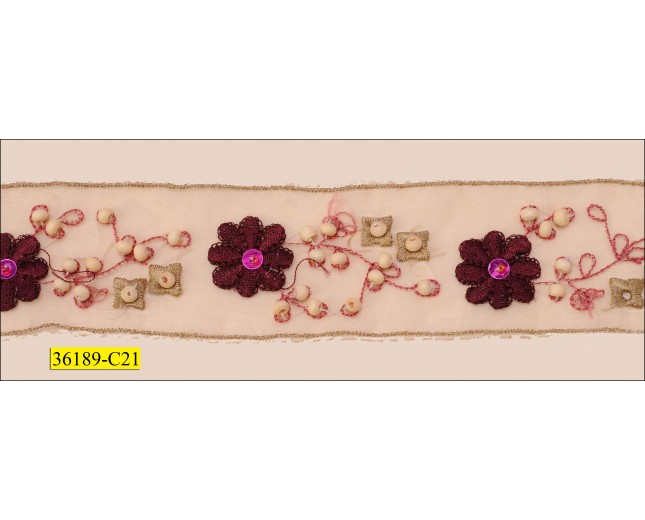 Beaded and Sequins Embroidered Floral Organza Tape 1 1/2" Ivory and Burgundy