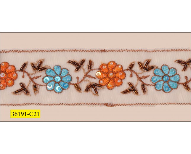 Beaded and Sequins Floral Embroidered on White Mesh 2" Orange, Turquoise and Brown