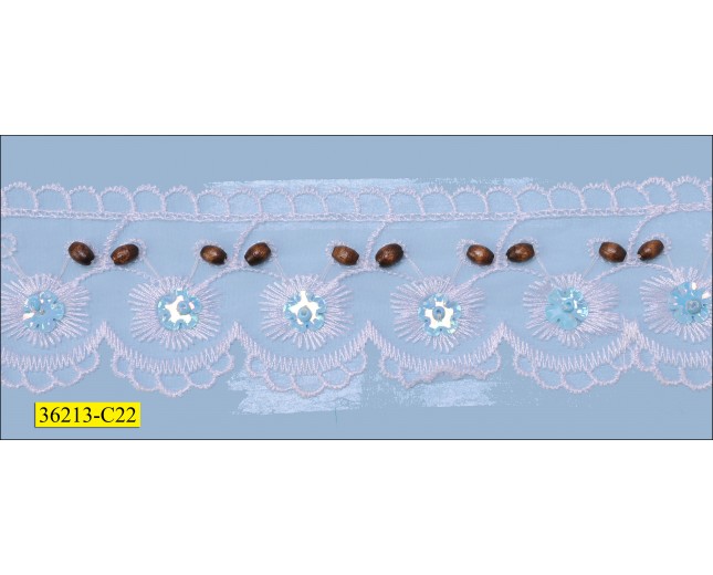 Bead and Sequins Organza 1 Side Scalloped with Embroidered 1 7/8" White, Blue and Brown