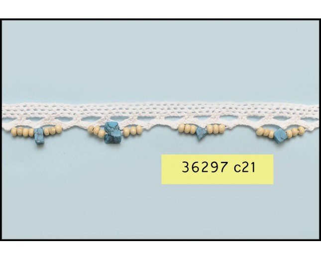 Beaded and Stone Looping White Crochet Lace 1/2" Natural and Turquoise