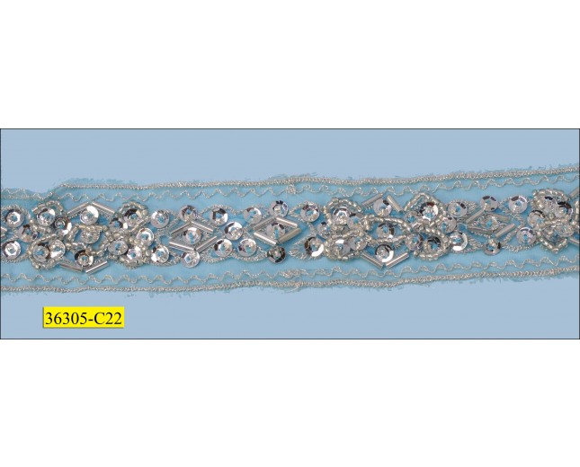 Beaded and Sequins Silver Lurex Embroidered Organza Tape 1 1/4" Silver and Mint