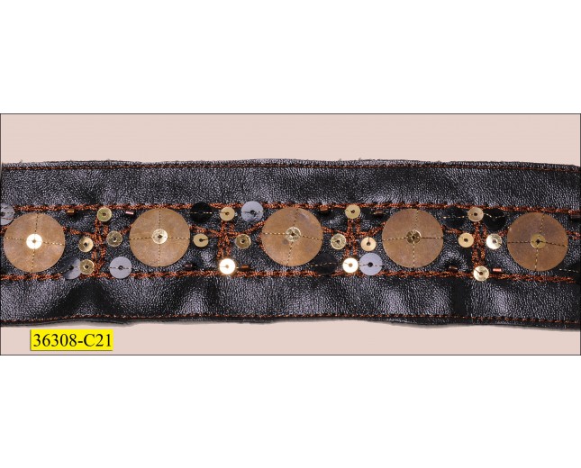 Bead and Sequins Imitate Leather with Rust Lurex 1 3/4" Brown and Antique Brass
