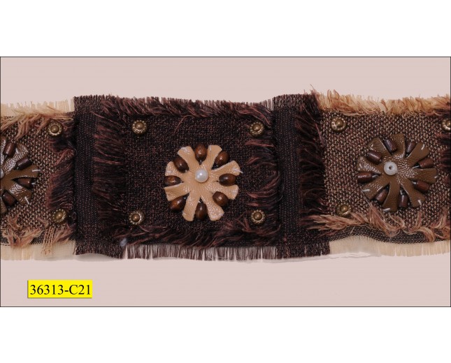 Beaded Woven Frayed Tape with Leather Flower 2 1/4" Brown and Beige