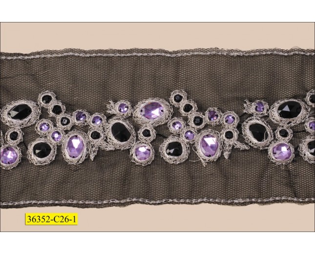 Beads and Lurex on Mesh 3" Purple and Multi-Black