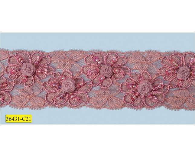 Beaded Stretch Lace Floral Design 2" Dusty Rose