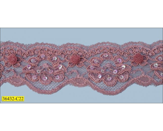 Beads and Sequins Scalloped Stretch Lace with Small Flower 2 1/8" 