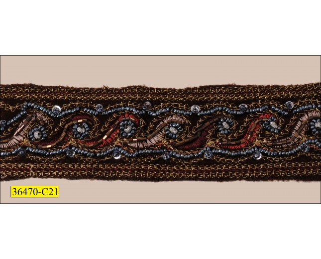 Beaded Velvet Ribbon with Lurex 1 3/4" Brown and Gold