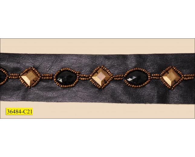Beads Around Facted Stone on Leather 1 5/8" Black and Antique Gold