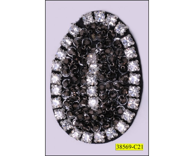 Rhinestone Oval Applique with Beads on Felt 2"x2 3/4" Clear and Black