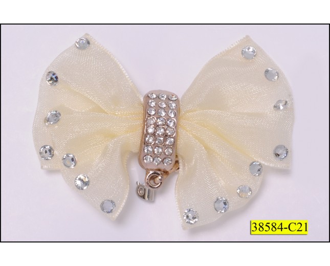 Bow Organza with Rhinestone and Pin 2 3/4"x1" Ivory and Clear
