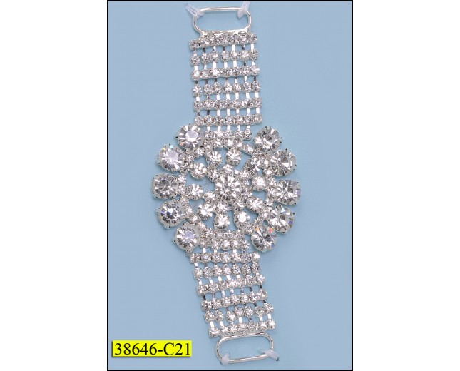 Rhinestone Strap with center Flower 4 1/2" Nickel and Clear