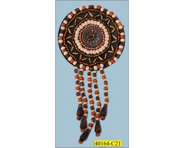 Applique Beaded Round Patch with 5 Beads String 2 1/2" Copper, Ivory and Brown
