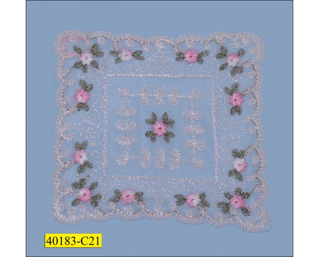 Applique Square Mesh with Floral embroidered 4 5/8"X4" Ivory, Green and Pink