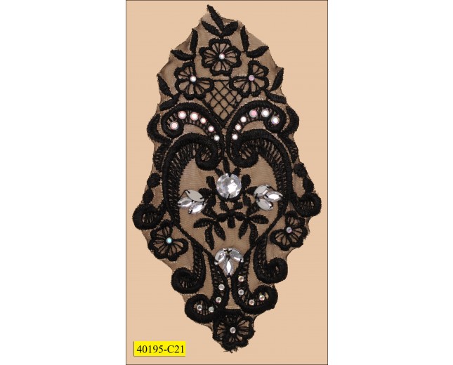 Applique Guipure Flower with Acrylic Stone 6 1/2" Black and Clear