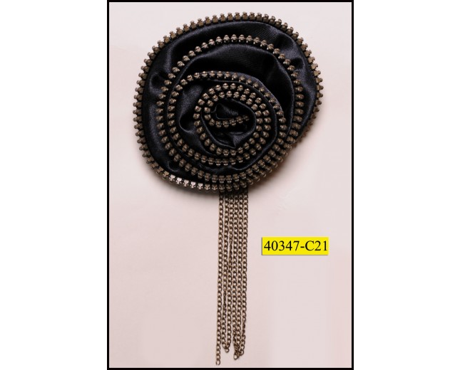 Flower Zipper Applique with Chain and Fringe 3 1/4" Brown and Antique Brass
