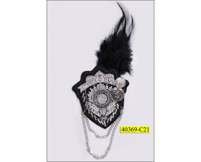 Military Brooch with Feather and Hanging Chain 3 3/4" Black