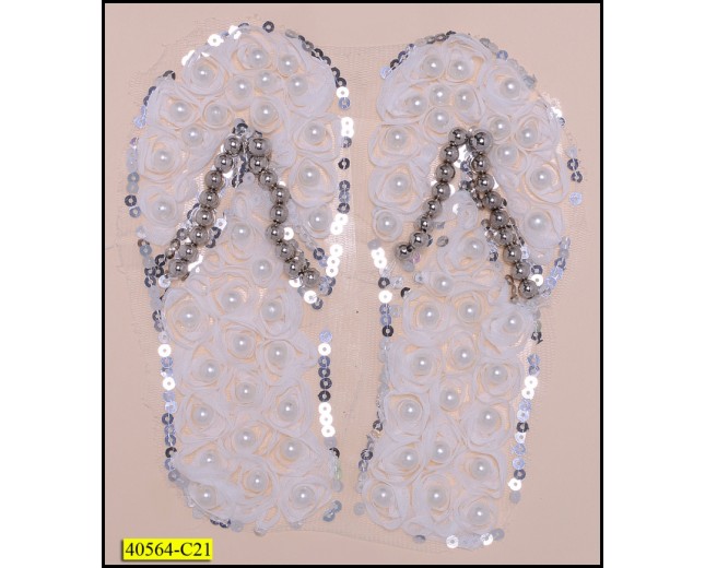 Applique Flip flops with Roses, Sequins and Pearls White and Grey