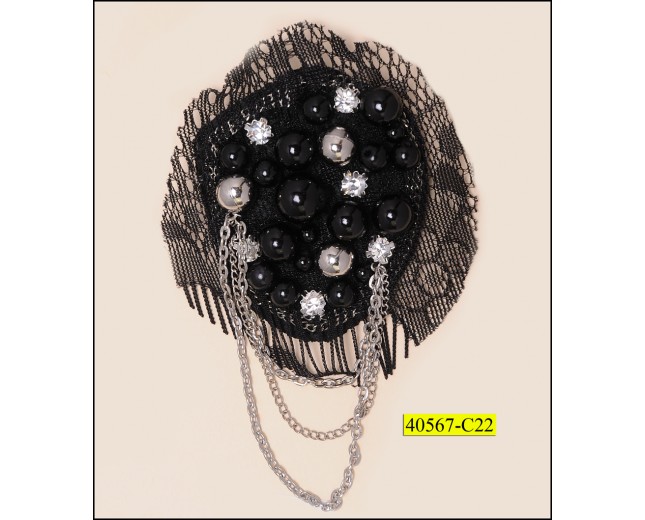 Brooch round with mesh, pearls and chain 2 1/2x2" 