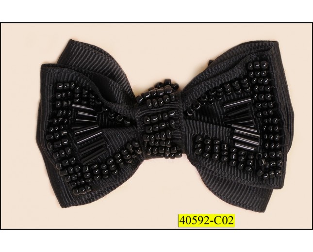 Applique Bow with long and small beads 3x2" Black