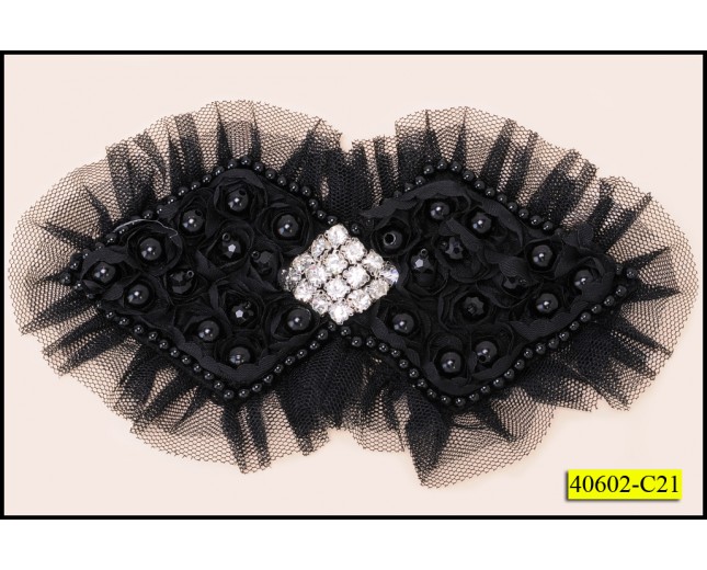 Applique Bow with Beads and center Rhinestones on mesh 63/4x3" Black