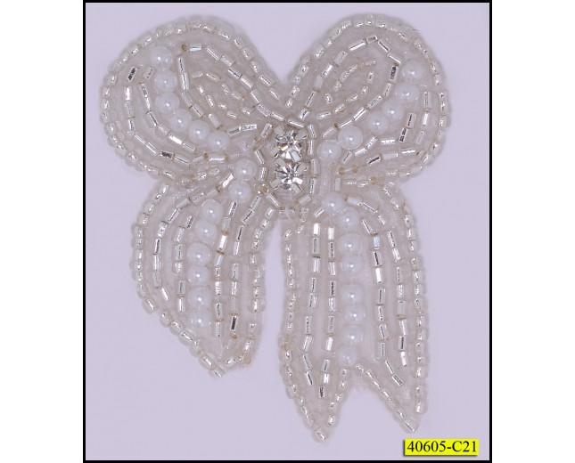 Applique Bow with Pearls and Beads 1 3/4x2 1/2" Ivory and Silver