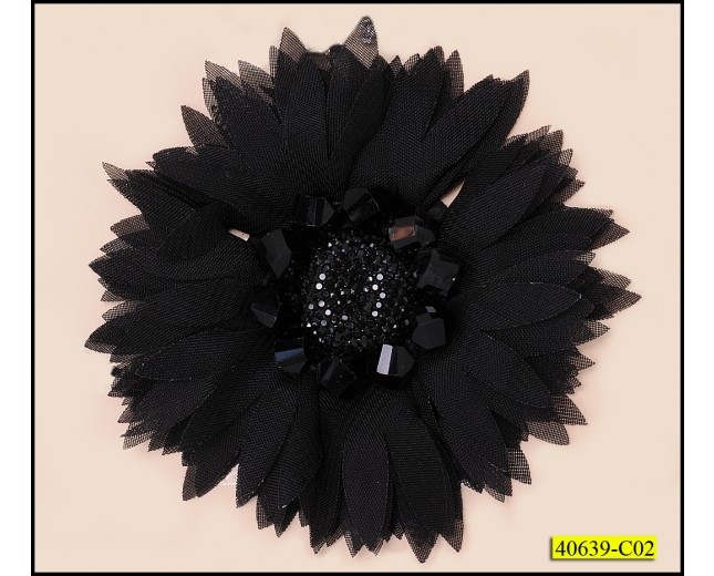 Brooch Applique Chiffon with beads and stones in center Black