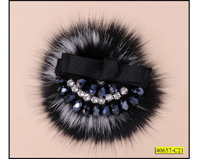 Applique with Rhinestone, Bead and Satin Ribbon with Black and White Fur 1'' around