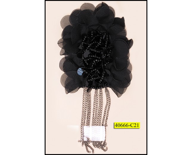 Applique Chiffon Floral with beads Center Hanging chains Black
