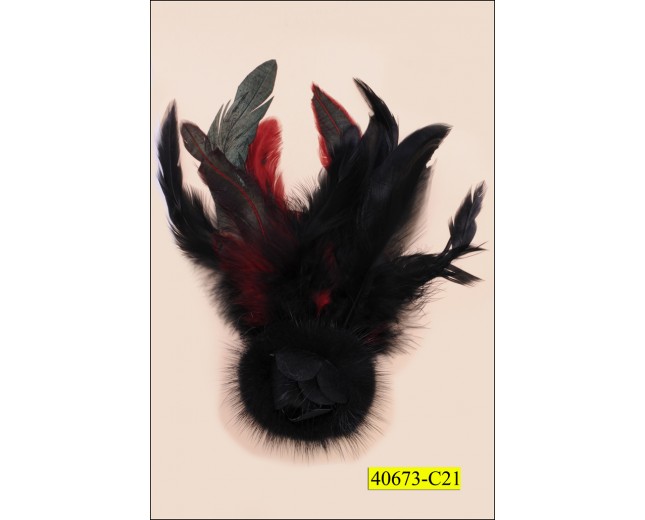 Applique with Brooch flower Fur 5 1/2'' Black and Red Feather