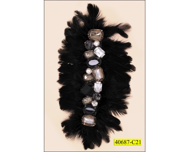 Applique Feather with beads and 2 pins 10''x5'' Black