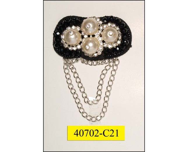 Applique with 4 pearls and rhinestone and hanging chain 2 1/2" Black and White