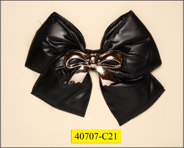 Brooch puffy poly bow with Gold S bow 4 3/8x3 7/8" Black