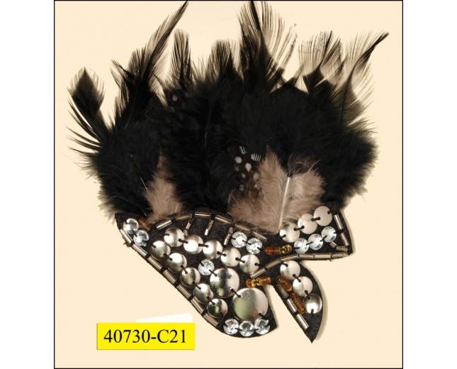 Applique Silver beads on felt with feathers 4x6 1/4" Black and Grey