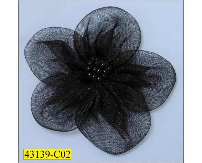 Brooch Flower Organza with 5 Petal Bead on Center with Pin 2" Black
